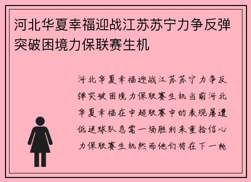 河北华夏幸福迎战江苏苏宁力争反弹突破困境力保联赛生机