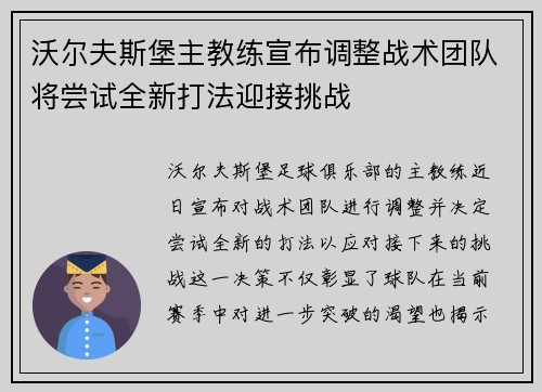 沃尔夫斯堡主教练宣布调整战术团队将尝试全新打法迎接挑战