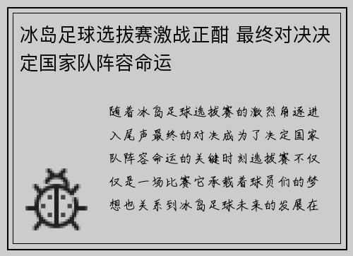 冰岛足球选拔赛激战正酣 最终对决决定国家队阵容命运