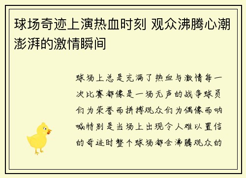 球场奇迹上演热血时刻 观众沸腾心潮澎湃的激情瞬间